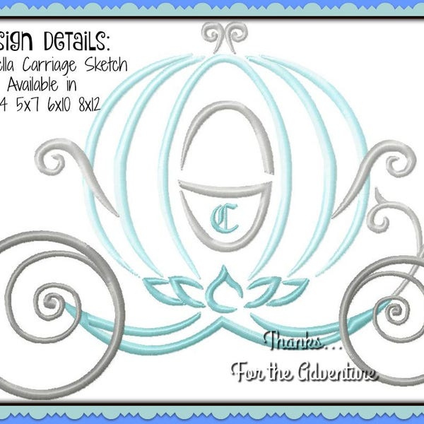 Princess Cinderella Carriage Sketch Digital Embroidery Machine Design File 4x4 5x7 6x10 8x12