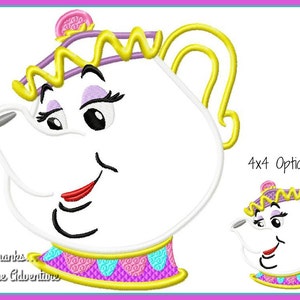 Mrs. Potts the Tea Pot from Beauty and the Beast Applique Digital Embroidery Machine  Design File 4x4 5x7 6x10