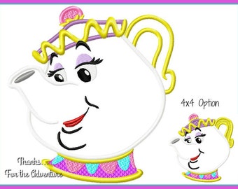 Mrs. Potts the Tea Pot from Beauty and the Beast Applique Digital Embroidery Machine  Design File 4x4 5x7 6x10