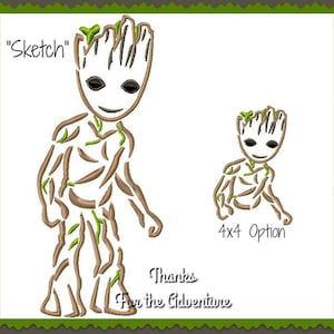 May include: A digital embroidery design of a cartoon character, "Sketch", with the text "Thanks for the adventure" and a smaller version of the character labelled "4x4 Option".