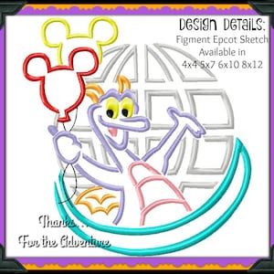May include: Purple Figment character from Disney's Imagination! pavilion at Epcot holding a red balloon with Mickey Mouse ears. Figment is riding on a turquoise ride vehicle with a gray globe in the background. The text "Thanks... For the Adventure" is at the bottom of the image. Design Details: Figment Epcot Sketch Available in 4x4 5x7 6x10 8x12