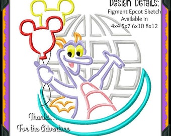 Spaceship Earth Epcot Ball and Figment from Journey to Imagination Sketch Digital Embroidery Machine Design File 4x4 5x7 6x10 8x12