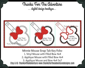 ITH In The Hoop Minnie Mouse Bow Snap Tab Key Fob Digital Embroidery Machine  Design File 4x4 5x7