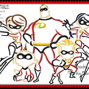 以下が含まれることがあります： インクレディブルファミリーの白黒の線画イラスト。ミスター・インクレディブルが中央に、左にエラスティガール、右にバイオレット、エラスティガールの前にダッシュがいます。家族は赤、黄、黒のアクセントのついたスーパーヒーローの衣装を着ています。