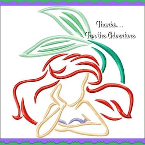 May include: An embroidered design featuring a mermaid with red hair, a green tail, and the text "Thanks... For the Adventure." The design is outlined in various colors and set against a white background, framed by a purple and green border.