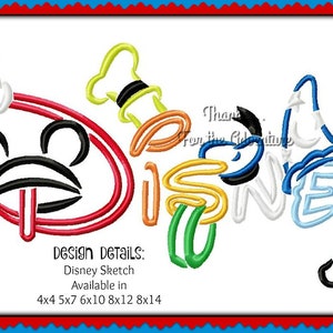 Walt  World land Word Wording Mickey Mouse Sketch Digital Embroidery Machine Design File 4x4 5x7 6x10 8x12 8x14