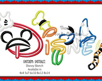 Walt  World land Word Wording Mickey Mouse Sketch Digital Embroidery Machine Design File 4x4 5x7 6x10 8x12 8x14