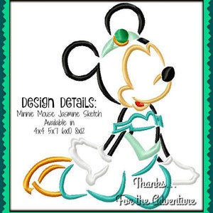 Princess Jasmine Minnie Mouse from Aladdin Sketch Digital Embroidery Machine Design File 4x4 5x7 6x10 8x12