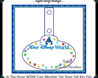ITH In The Hoop Walt World Cast Member Name Tag Stroller Tag Snap Tab Key Fob Digital Embroidery Machine  Design File Uses 5x7 Hoop