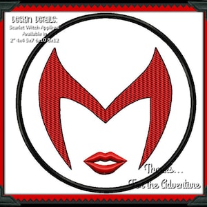 May include: Scarlet Witch applique embroidery design in a red M shape with a red lip and a white background. The text "The... For the Adventure" is at the bottom of the design.