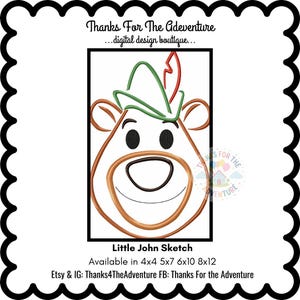 May include: A digital design of Little John's face, with a brown outline, a green hat, and a red feather. The design includes black eyes and a smiling mouth. The text at the bottom reads "Little John Sketch."