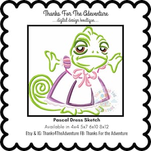 Rapunzel&#39;s Chameleon Pascal in a dress from Tangled Sketch Digital Embroidery Machine  Design File 4x4 5x7 6x10 8x12