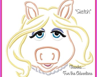 Miss Piggy Sketch Digital Embroidery Machine Design File 4x4 5x7 6x10 8x12