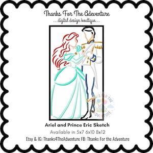 May include: An embroidered sketch of Ariel and Prince Eric in a black frame. Ariel has red hair and a turquoise dress. Prince Eric wears a white jacket with gold accents and blue trousers. Text reads "Thanks For The Adventure" and "Ariel and Prince Eric Sketch."