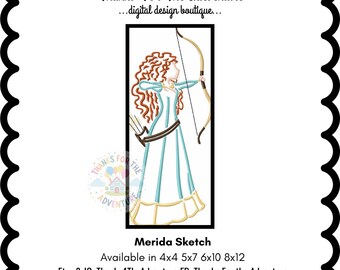 Merida the Scottish Princess from Brave in her Blue Dress with Bow and Arrow Sketch Digital Embroidery Machine Design File 4x4 5x7 6x10 8x12