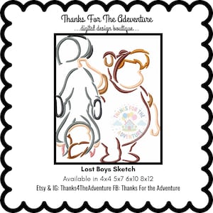May include: An embroidered design featuring two cartoon figures, one in outline form and the other with brown and tan accents. The text "Lost Boys Sketch" is below the image, with the shop name and social media handles.