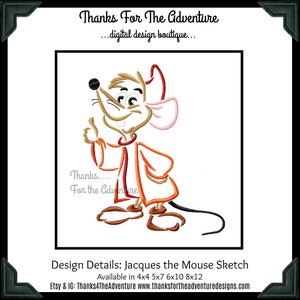 Könnte beinhalten: Stickdatei mit Jacques der Maus aus Disneys Die Retter. Das Design ist in den Größen 4x4, 5x7, 6x10 und 8x12 Zoll erhältlich. Das Design zeigt Jacques in einem roten und orangefarbenen Gewand mit erhobenem Daumen.