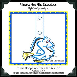 ITH In The Hoop Dory from Finding Nemo Sketch Snap Tab Key Fob Digital Embroidery Machine  Design File 4x4