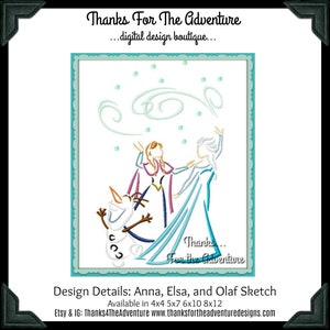 Princess Frozen 2 Anna Queen Elsa and Olaf the Snowman Digital Embroidery Machine Design Sketch  4x4 5x7 6x10 8x12