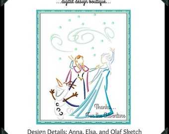 Princess Frozen 2 Anna Queen Elsa and Olaf the Snowman Digital Embroidery Machine Design Sketch  4x4 5x7 6x10 8x12