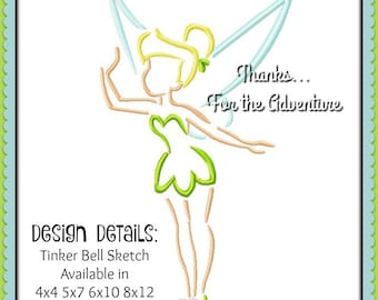 Arquivo de design de máquina de bordar digital Tinker Bell Sketch 4x4 5x7 6x10 8x12