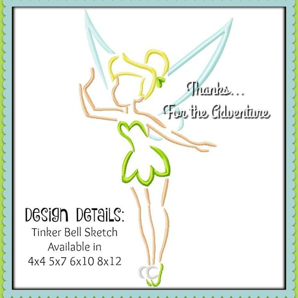 Tinker Bell Sketch Digital Embroidery Machine  Design File 4x4 5x7 6x10 8x12