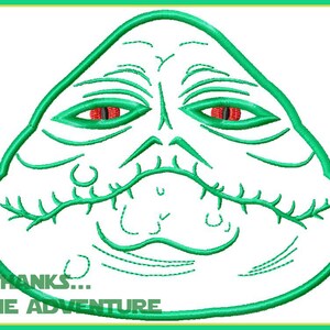 May include: Green cartoon face with red eyes and a toothy grin. The face is outlined in black and has a white background. The text "THANKS... FOR THE ADVENTURE" is below the face.