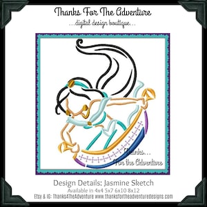 Princess Jasmine from on Aladdin&#39;s Magic Carpet Sketch Digital Embroidery Machine Design File 4x4 5x7 6x10 8x12