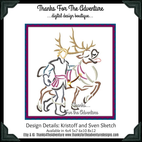 Kristoff and Sven from Frozen 2 Sketch Digital Embroidery Machine Applique Design File 4x4 5x7 6x10 8x12