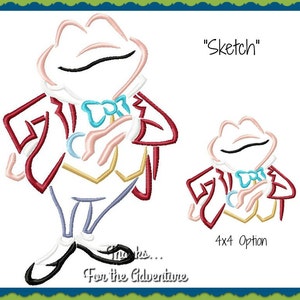 May include: A digital embroidery design of a cartoon frog wearing a red suit and a bow tie. The design is labeled "Sketch" and includes a smaller version of the frog labeled "4x4 Option".