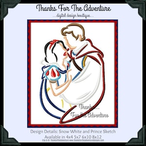 Snow White and Prince Sketch Digital Embroidery Machine Applique Design File 4x4 5x7 6x10 8x12