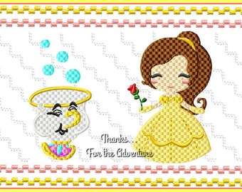 Belle and Chip from Beauty and the Beast Faux Smocking Digital Embroidery Machine Design File 4x4 5x7 6x10