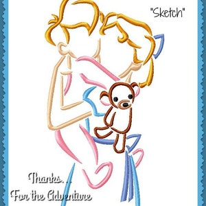 May include: A line drawing of a person holding a stuffed monkey toy. The drawing is in pink, blue, and yellow. The text "Sketch" is in the top right corner of the image. The text "Thanks. For the Adventure" is in the bottom left corner of the image.