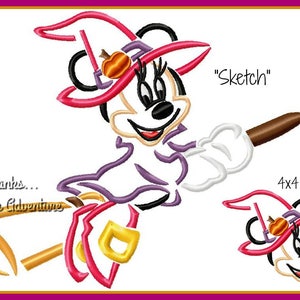 Halloween Minnie Mouse Flying Witch on Broomstick Digital Embroidery Machine Sketch Design File 4x4 5x7 6x10