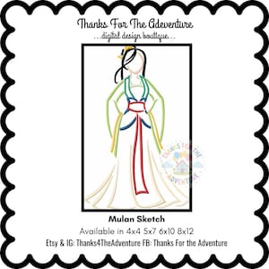 Mulan the Warrior Princess Sketch Digital Embroidery Machine  Design File 4x4 5x7 6x10 8x12