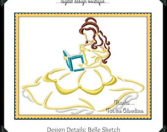 Princess Belle from Beauty and the Beast Book Sketch Digital Embroidery Machine  Design File 4x4 5x7 6x10 8x12
