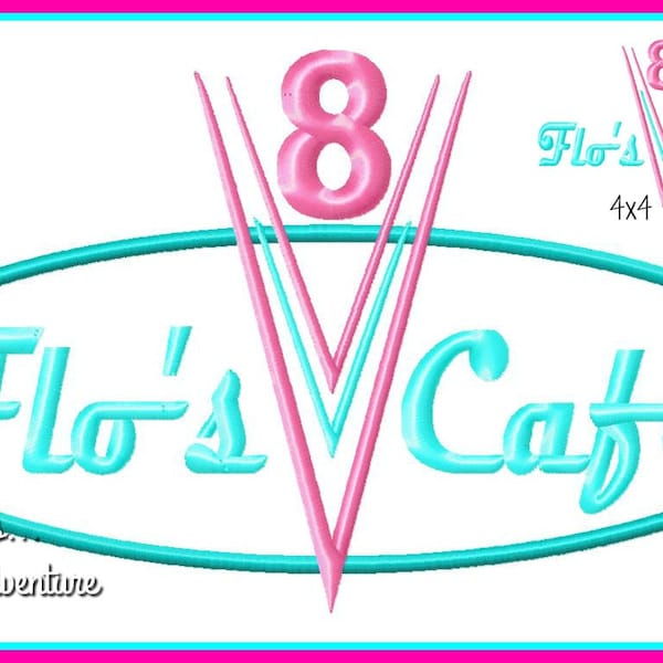 Flo's Cafe van Cars Logo Digital Embroidery Machine Applique Design File 4x4 (alleen formulering) 5x7 6x10