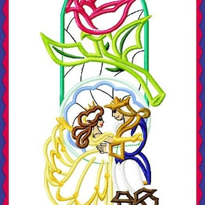 Belle and Beast Rose Stained Glass Beauty and The Beast Applique Digital Embroidery Machine  Design File 5x7 (Split) 6x10 8x12 8x14 (Single)