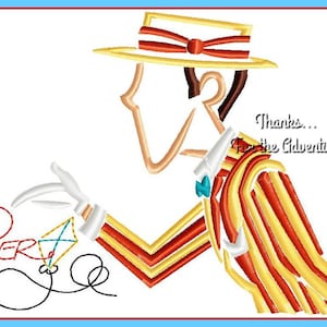 May include: A cartoon illustration of a man wearing a yellow and red striped shirt and a yellow hat with a red bow. He is holding a kite in his hand and the word "Bertie" is written in red and black thread below him. The text "Thanks... For the Adventure" is written in black text on the right side of the image.