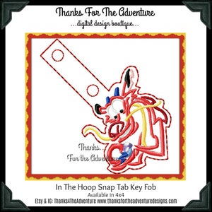 ITH In The Hoop Princess Warrior Mulan Mushu the Dragon Sketch Snap Tab Key Fob Digital Embroidery Machine  Design File 4x4
