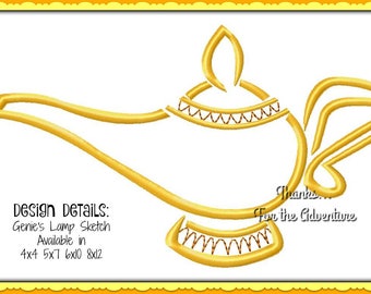 Genie's Lamp from Aladdin Sketch Digital Embroidery Machine Design File 4x4 5x7 6x10 8x12