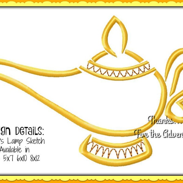 Genie's Lamp from Aladdin Sketch Digital Embroidery Machine Design File 4x4 5x7 6x10 8x12