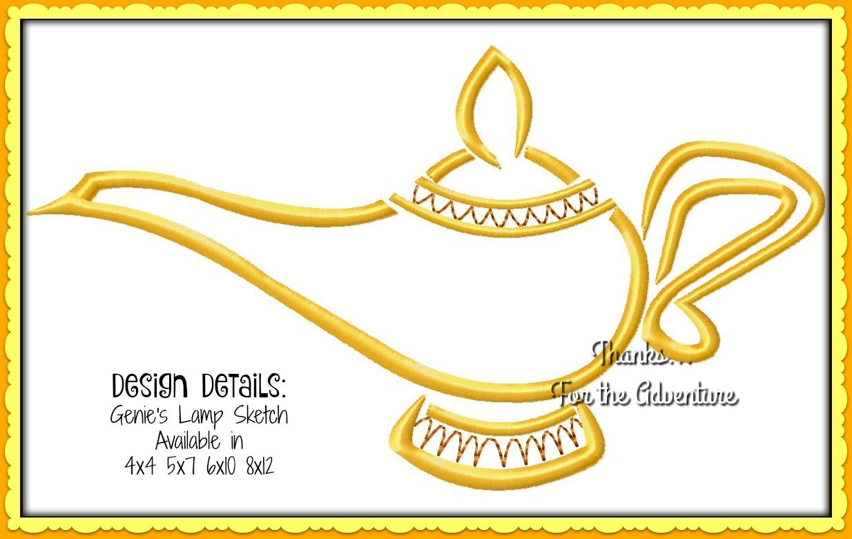 Genie's Lamp from Aladdin Sketch Digital Embroidery Machine Design File 4x4  5x7 6x10 8x12, image size:1234x780