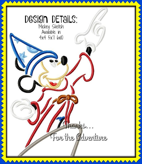 Fantasia Sorcerer Mickey Mouse Wizard Hat Digital Embroidery Machine Sketch  Design File 4x4 5x7 6x10 8x12