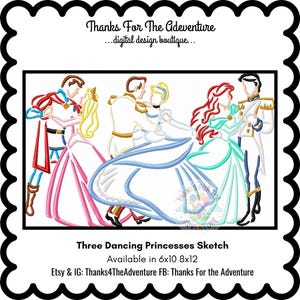 Dancing Princess Sleeping Beauty Phillip Cinderella Prince Charming Ariel Prince Eric Sketch Digital Embroidery Machine Design 6x10 8x12