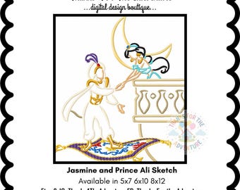 Princess Jasmine and Prince Ali from Aladdin Sketch Digital Embroidery Machine Design File 5x7 6x10 8x12