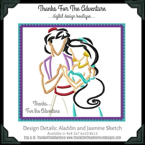 Princess Jasmine and Aladdin Sketch Digital Embroidery Machine Design File 4x4 5x7 6x10 8x12