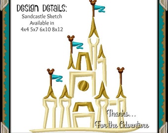 Cinderella Sand Castle Mickey Disney World Disneyland Ocean Beach Summer Sketch Digital Embroidery Machine Design File 4x4 5x7 6x10 8x12