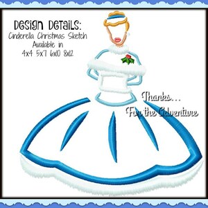 Christmas Princess Cinderella  Sketch Digital Embroidery Machine  Design File 4x4  5x7 6x10 8x12