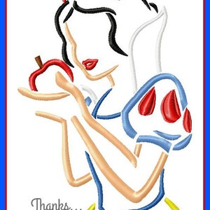 May include: An embroidered design of a woman holding a red apple. The woman is wearing a blue and white dress with red accents. The text "Thanks... For the Adventure" is at the bottom of the image. The image has a blue and red border.